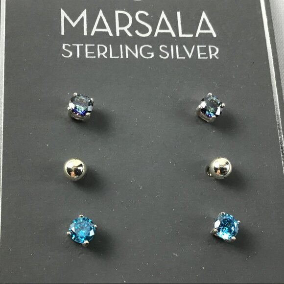 MARSALA Sterling Silver Earrings Set of 3 with Cubic Zirconias - Picture 2 of 3
